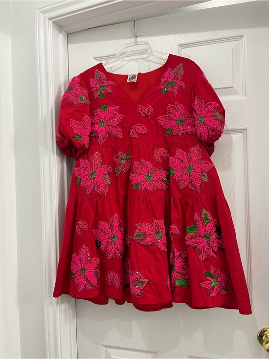 QUEEN OF SPARKLES Dresses & Skirts - QUEEN OF SPARKLES Red Tiered Dress with Pink Floral Embroidery